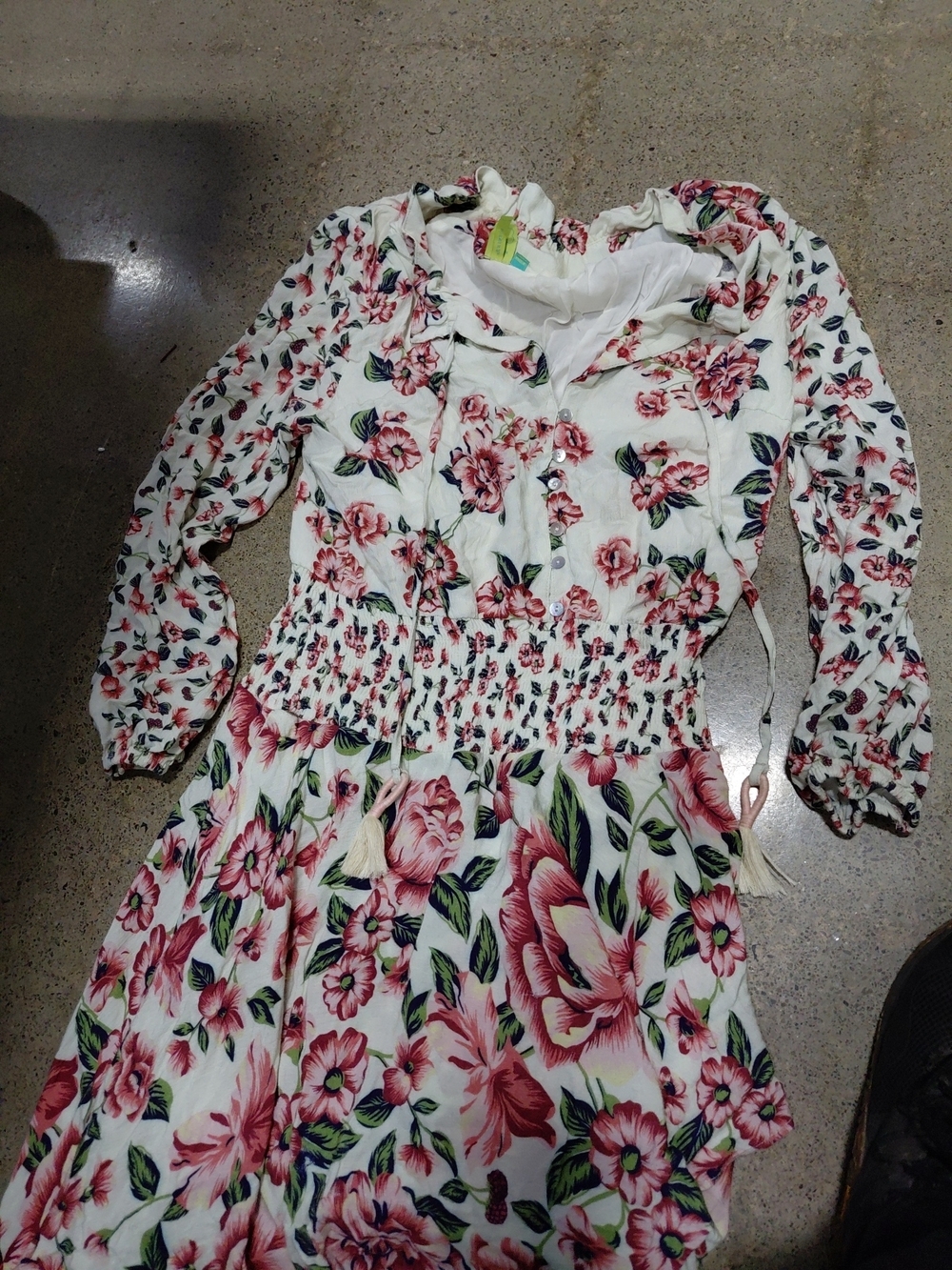 Farm White Dress with Pink Floral Print and Smocked Waist Size Small